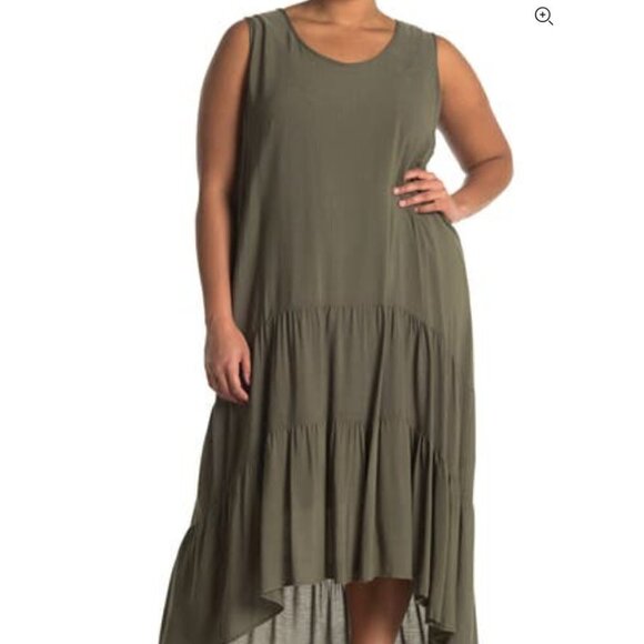 West Kei Gauzy Hi-Low Hem Dress Olive Green - Picture 1 of 5